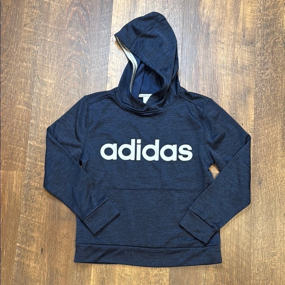 Adidas Hoodie Sweatshirt Logo Pullover Navy Blue Heathered Fleece Boys M 10/12